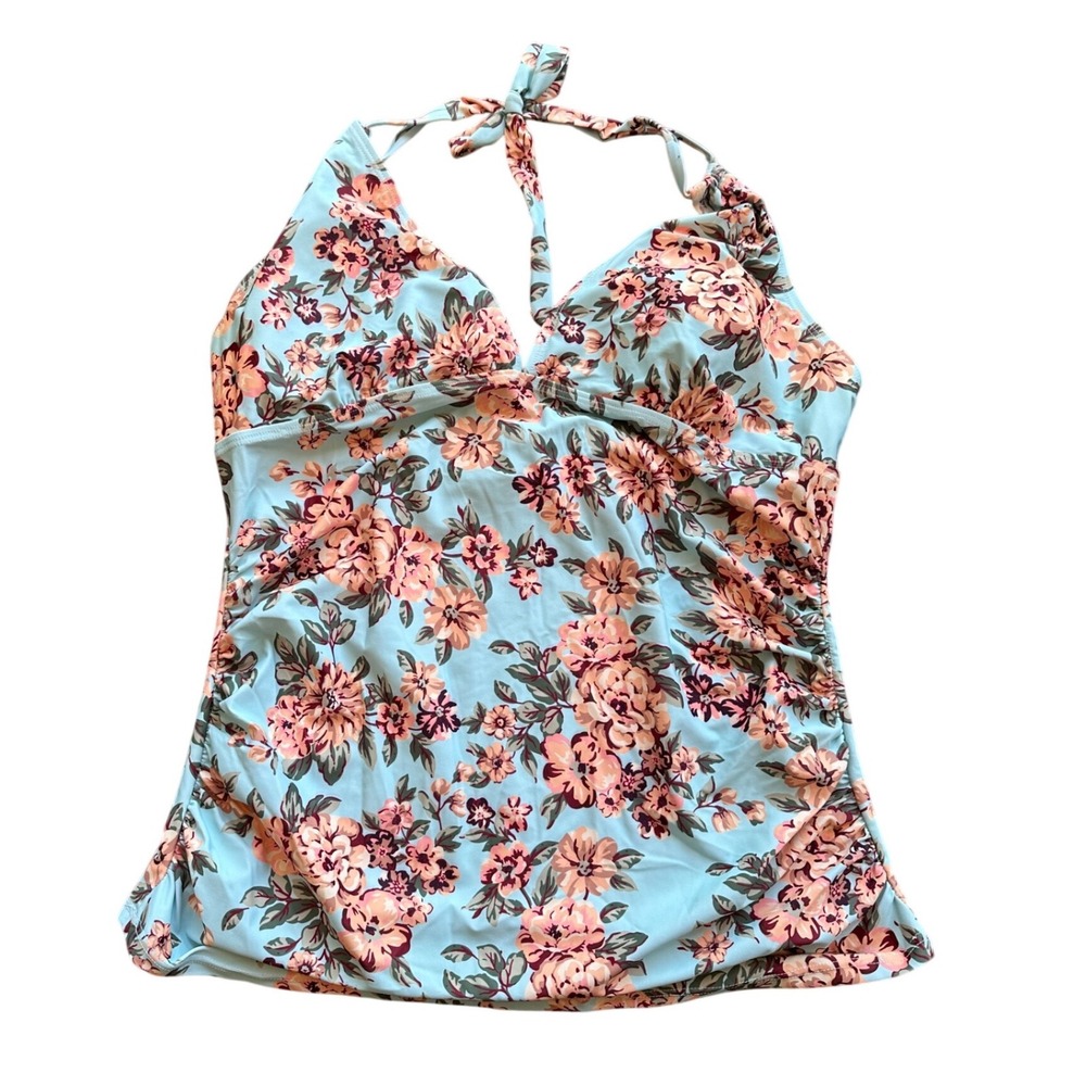 Summer Mae Floral Tankini Top Blue Pink Halter Neck Ruched Swimwear XXL